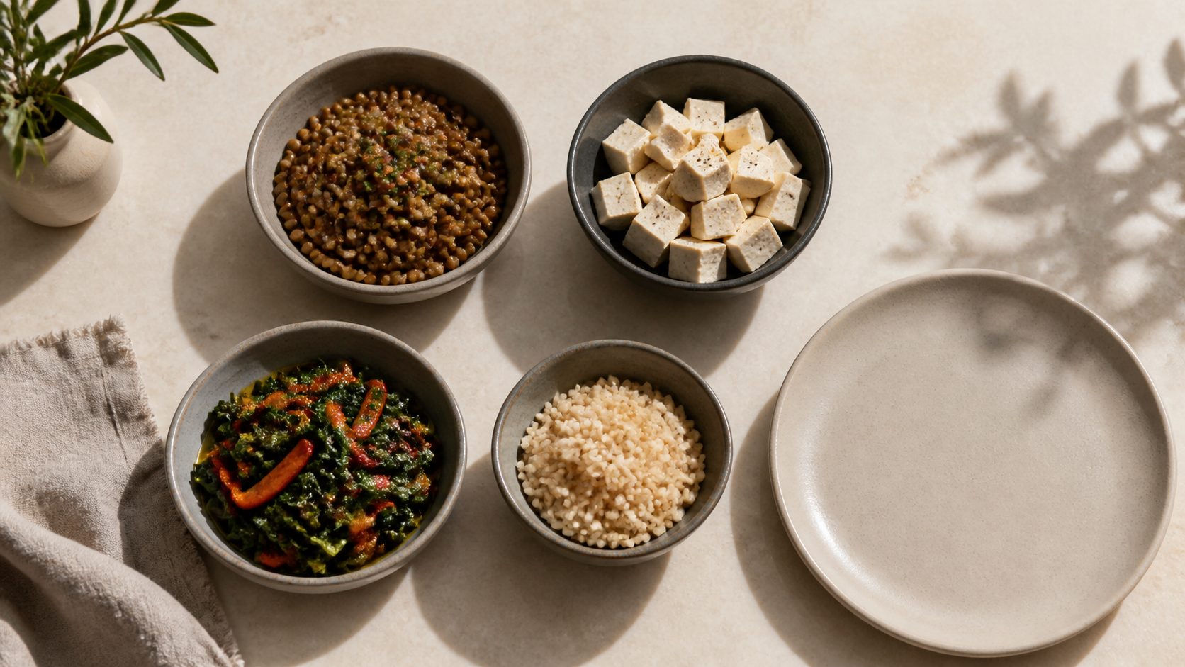 Cuatro cuencos con lentejas, tofu, verduras y arroz integral junto a un plato vacío.