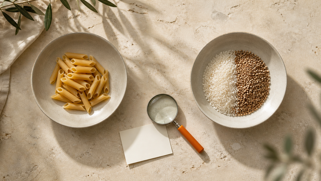 Dos cuencos iguales con pasta y cereales sin trigo junto a una lupa y una tarjeta en blanco.