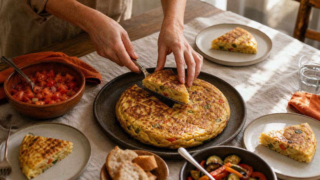 Manos de una persona adulta sirviendo tortilla de verduras en una mesa con tres platos y guarniciones.