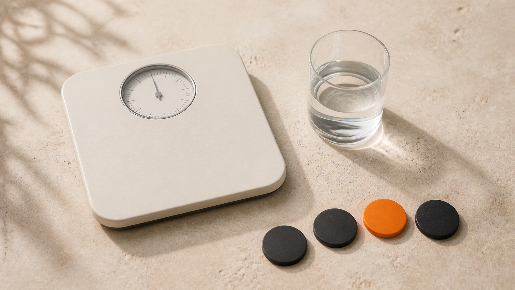 Báscula neutra, vaso de agua y fichas circulares dispuestos como un patrón mensual.