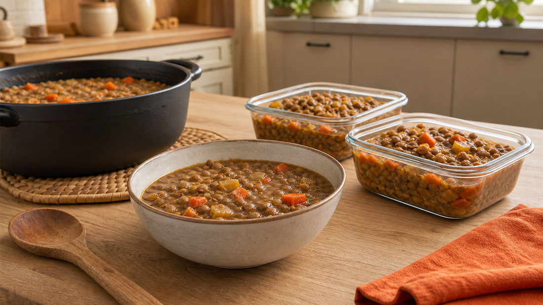 Cazuela de lentejas con un cuenco servido y dos recipientes individuales preparados sobre una mesa de cocina.