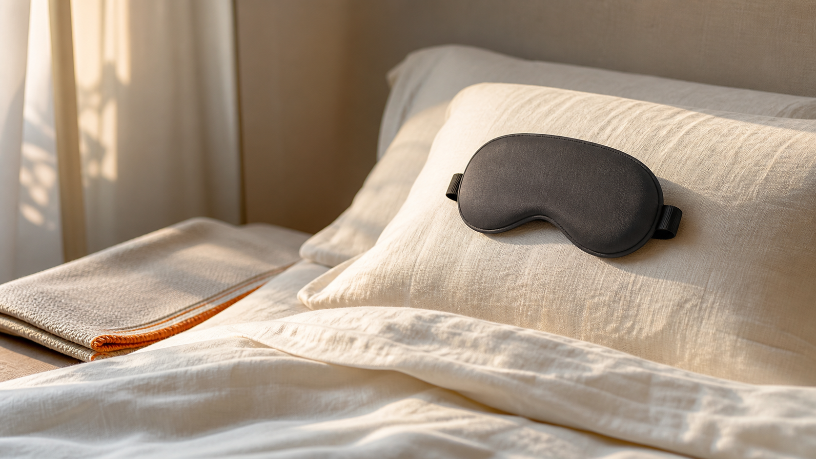 Antifaz oscuro sobre una almohada crema en una cama iluminada por la luz del amanecer.