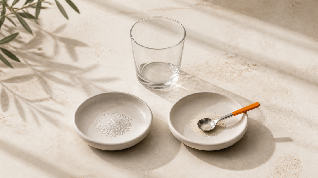 Dos cuencos cerámicos iguales con cristales de azúcar y gránulos claros junto a un vaso vacío.