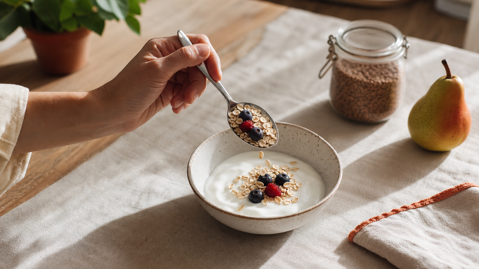 Mano añadiendo una cucharada de avena y frutos rojos a un cuenco pequeño de yogur en una mesa cálida.