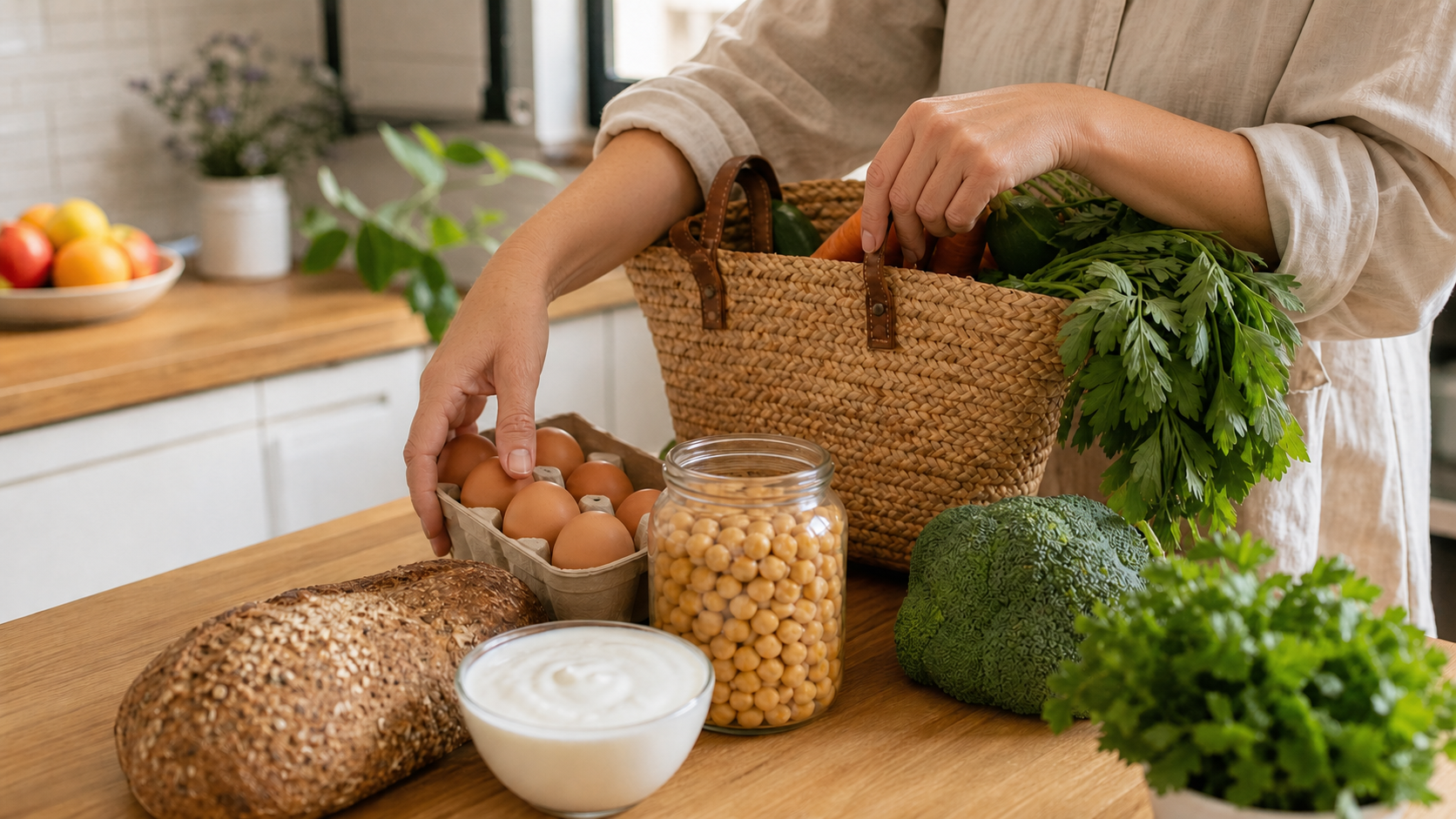 Mujer de mediana edad colocando huevos, garbanzos, verduras, yogur y pan integral sobre una mesa