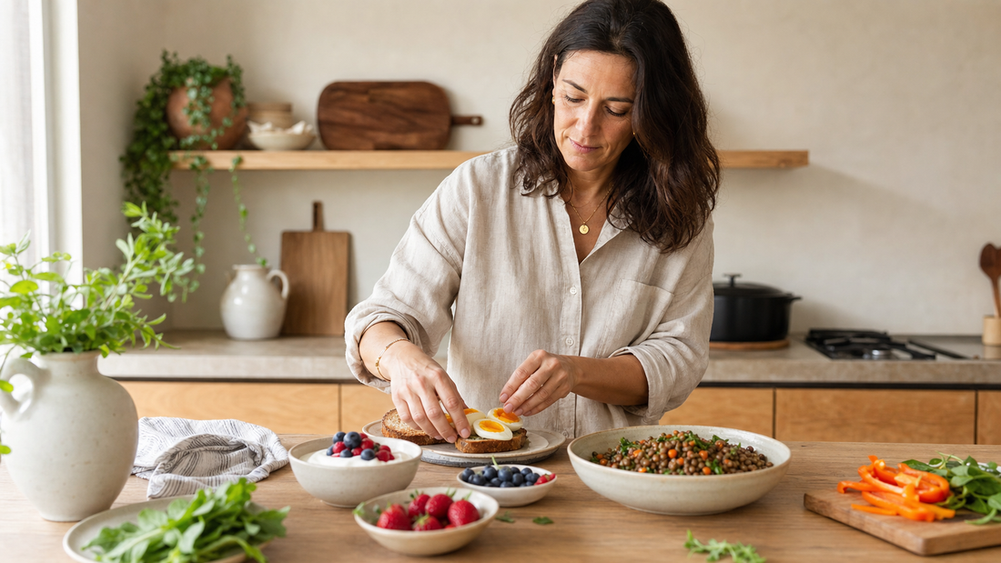 Mujer de unos 45 años preparando huevos, yogur, frutos rojos y una ensalada de lentejas