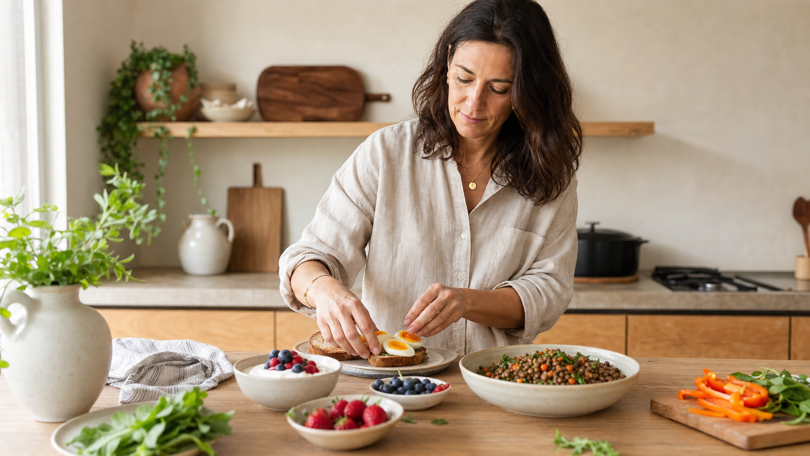 Mujer de unos 45 años preparando huevos, yogur, frutos rojos y una ensalada de lentejas