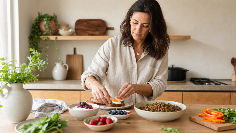 Mujer de unos 45 años preparando huevos, yogur, frutos rojos y una ensalada de lentejas
