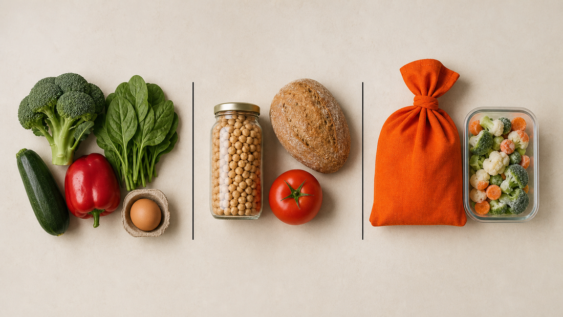 Tres grupos de alimentos organizados para cocinar, montar una comida rápida y guardar un respaldo.