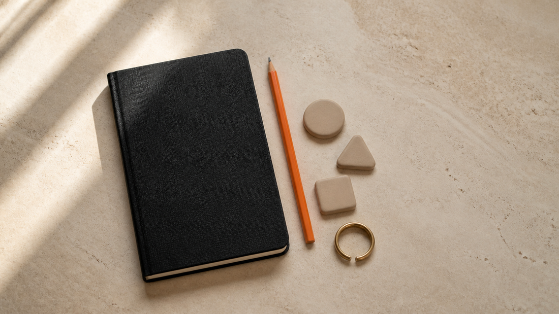 Cuaderno de lino, lápiz naranja y tres piezas cerámicas sobre una mesa de piedra clara.